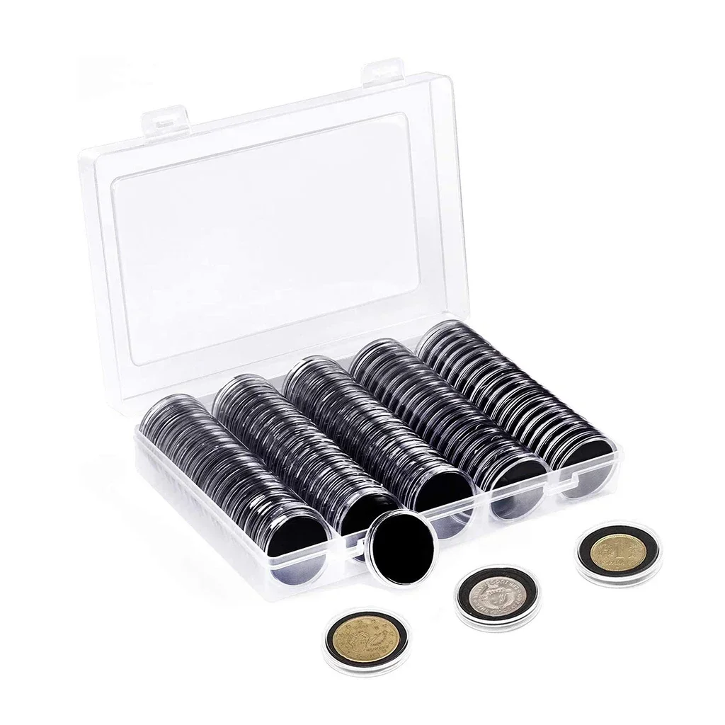 

100Pcs Coin Capsule Case and Adjustable (17/20/25/27/30mm) Protect Black Gasket Coin Holder with Plastic Storage Organizer Box