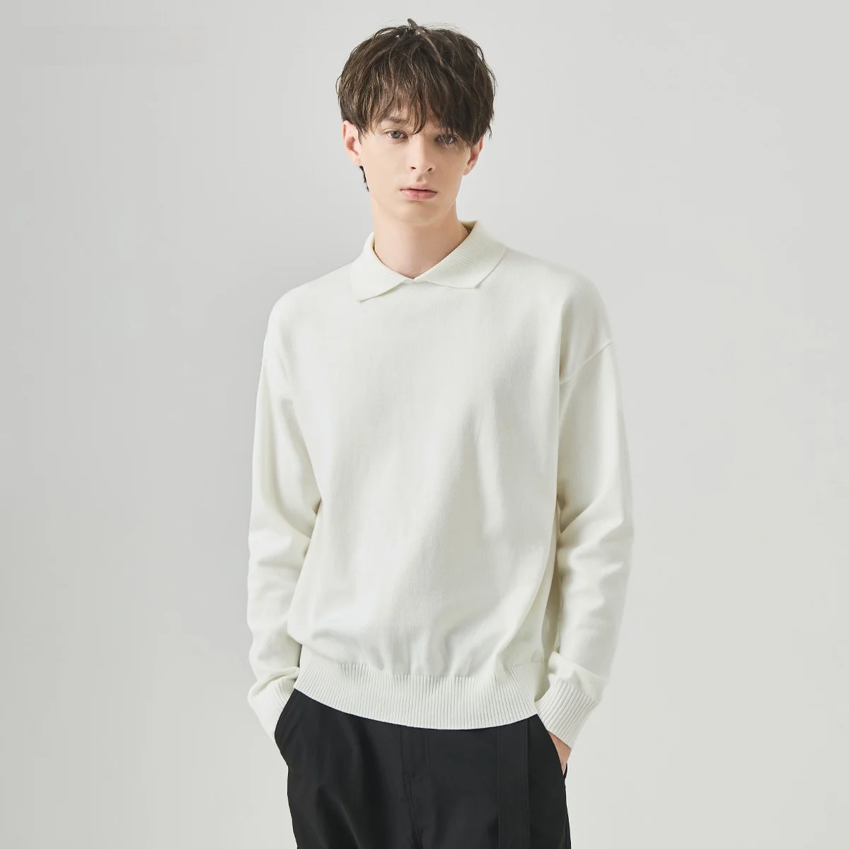 

Мужской свободный вязаный свитер с длинным рукавом и воротником, осенне-зимний, в корейском стиле, повседневный, модный, удобный, дышащий топ