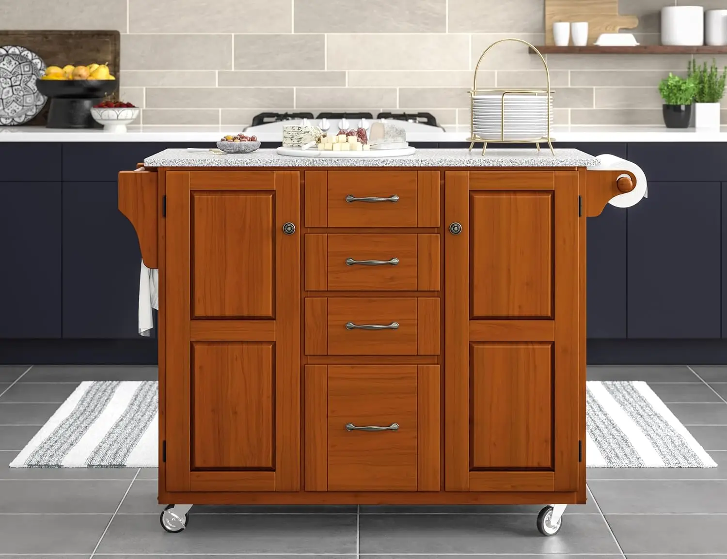 Large Mobile Create-a-Cart Warm Oak Finish Two Door Cabinet Kitchen Cart with Salt and Pepper Granite Top, Adjustable Shelving. image 3