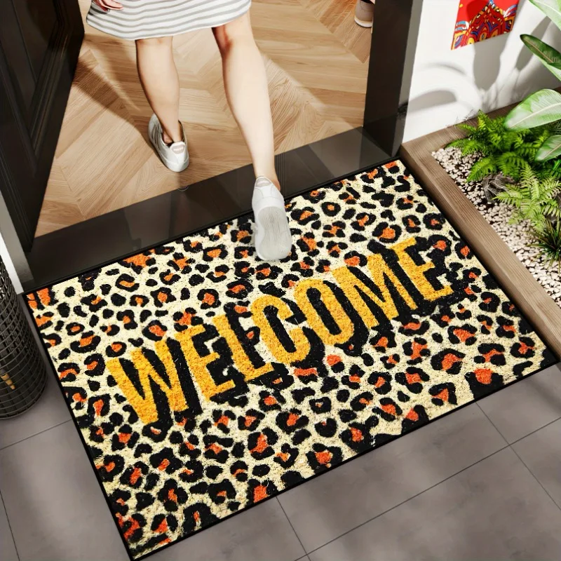 Welcome Leopard Print Doormat Non-Slip Retardant Ideal for Kitchen Dining Hallway Bathroom Bedroom Parties Home Decoration Rug