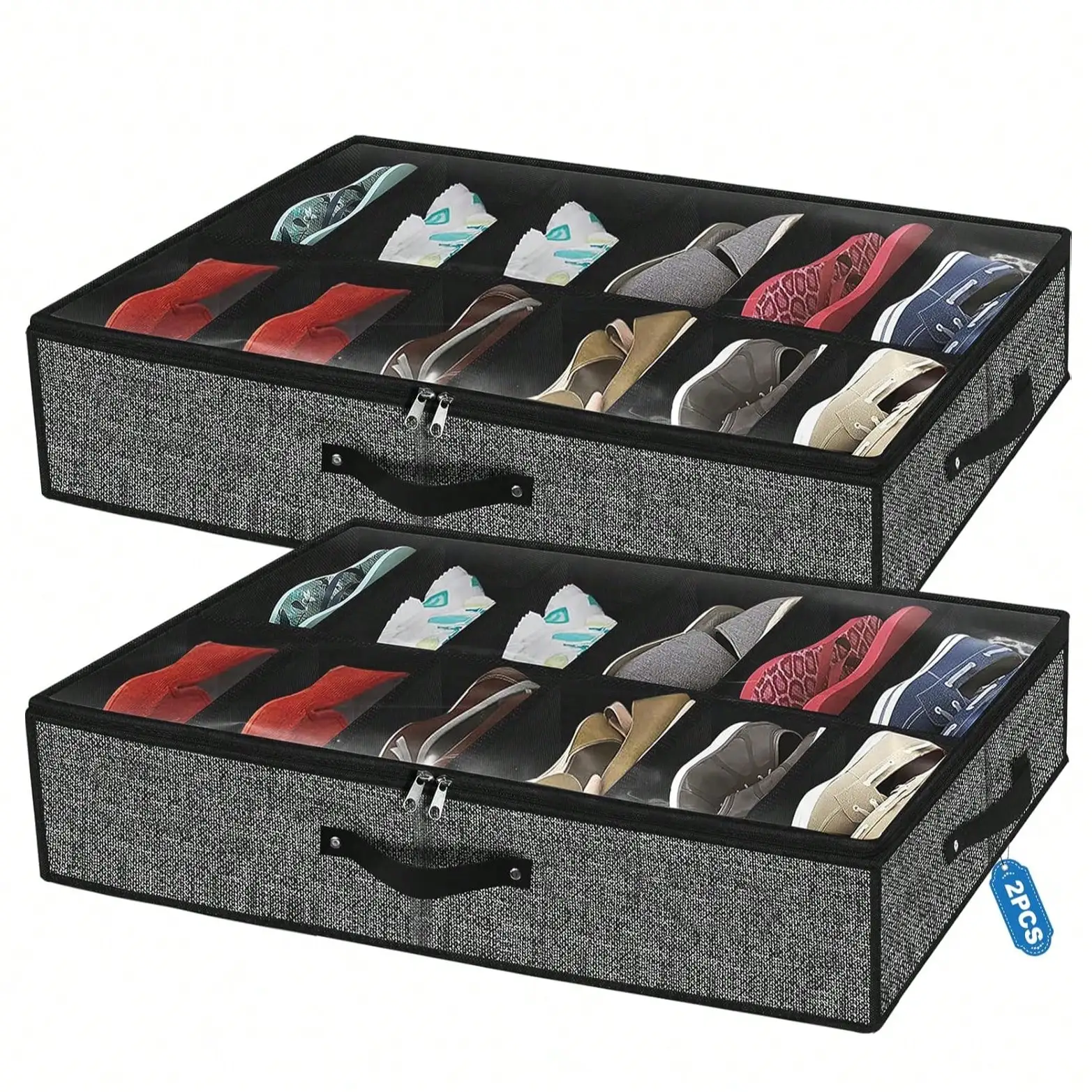 

Under Bed Shoe Storage 2-Pack: Thick Fabric, Holds 24 Pairs (Gray, Collapsible)