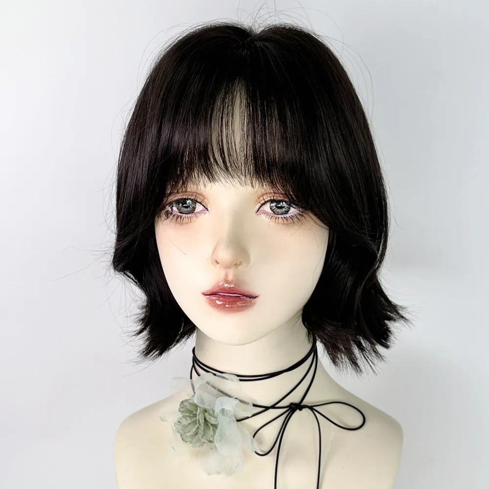 Water Dance Korean Short Hair Wig Female Full Headgear Textured Perm French Air Bangs Curly Hair Age Reducing Hairstyle Japanese