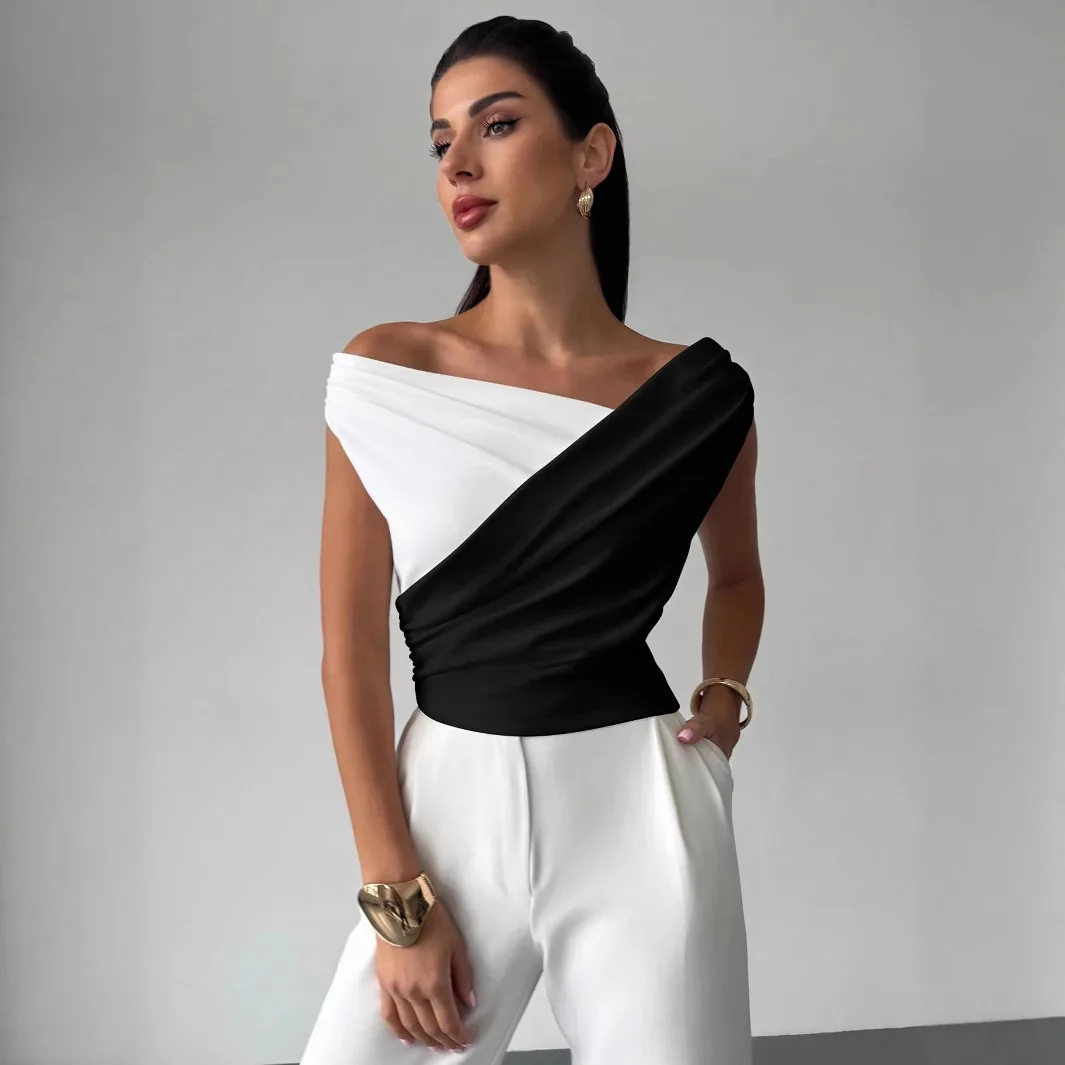 

New European and American Summer Color-blocking Off-shoulder Pleated Edges Slim and Versatile Temperament Commuter Top for Women