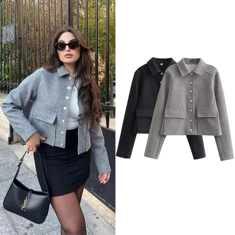 BWQ Women's Aviator Black Jacket Wool & Blends Coats Cropped Bomber Jacket  Autumn Winter Demi-season Crop Jacket Outerwears