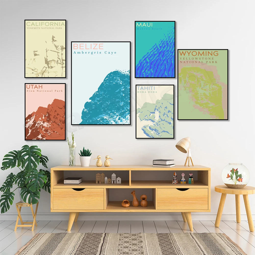 Maui Hawaii Beach, Belize, Great Barrier Reef, Zion Utah, Yellowstone National Park, Yosemite Travel Minimalist Poster