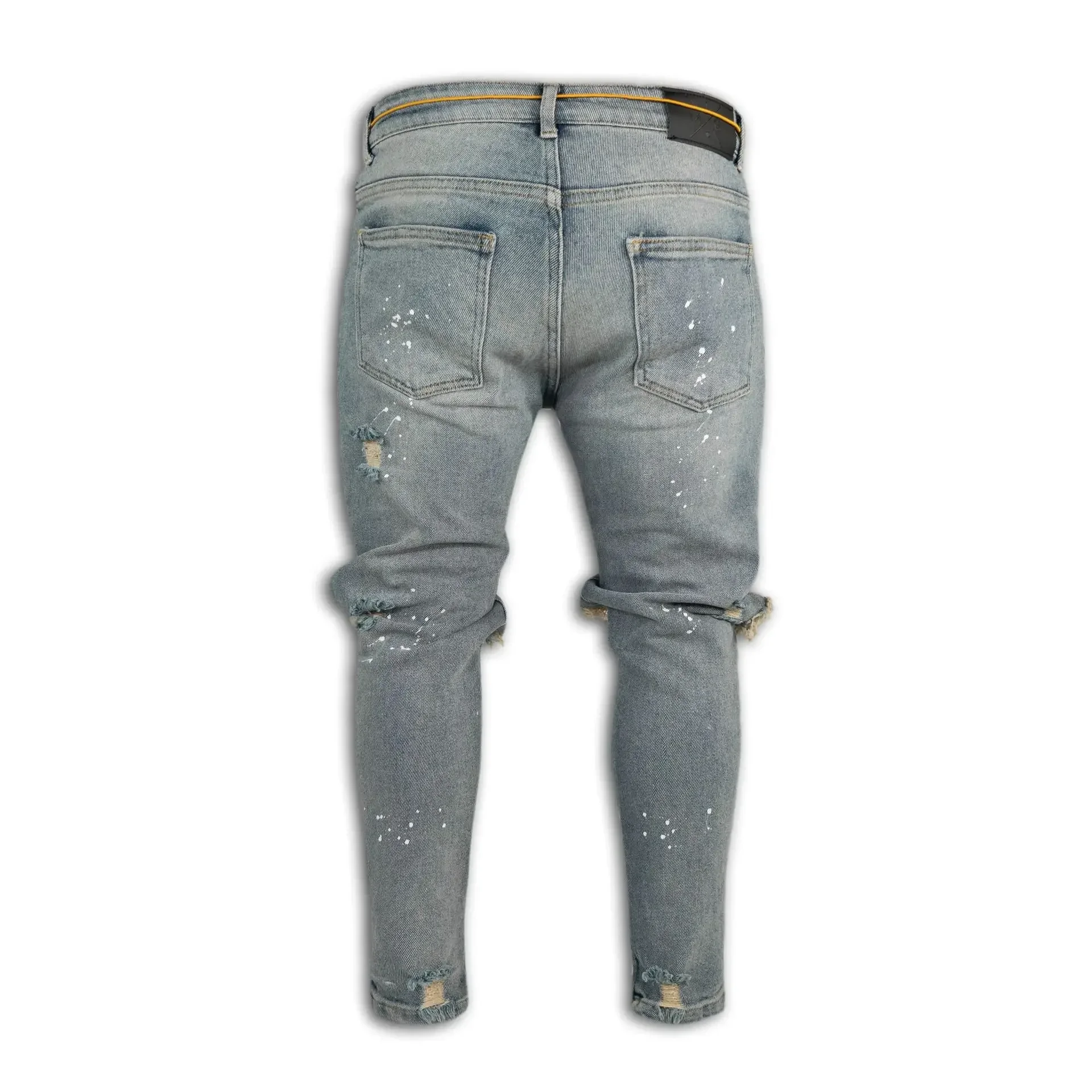 Men Long Jeans Pants Denim Pencil Pant Hole Splice Simple Slim Fit Zipper Lace Up Tight Waist Straight Trousers Autumn