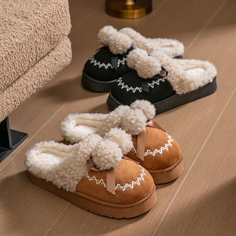 

Non-slip plush snow boots women's warm indoor winter boots cute hairball thickened outer thick-soled home cotton shoes
