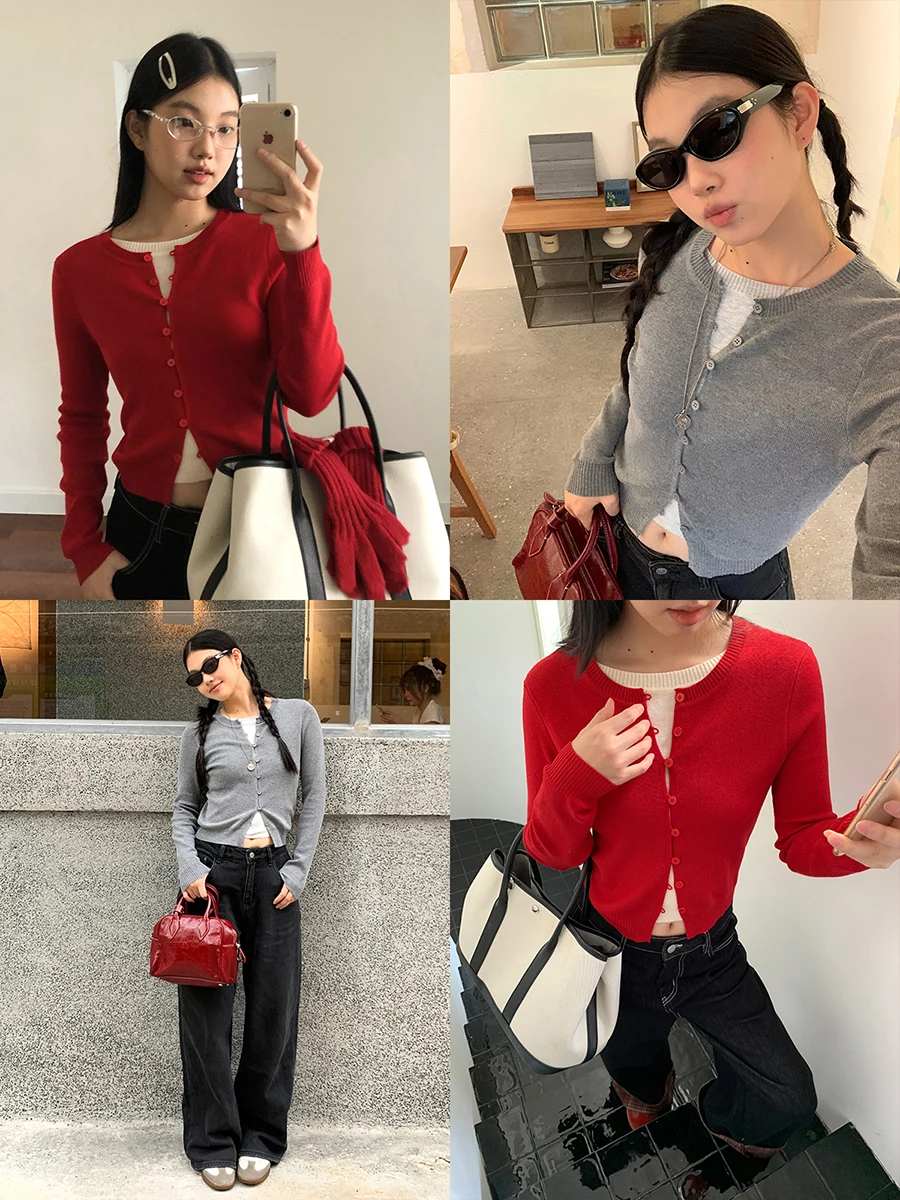 

Красный вязаный свитер Jaet, женский осенний повседневный свитер для похудения, искусственный топ из двух предметов, удобный дизайн прямого кроя