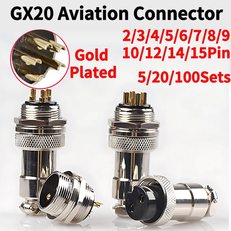 

5/20/100 Sets GX20 Docking Aviation Connector,Gold Plated Male&Female Plug,2 3 4 5 6 7 8 9 10 12 14 Pins Electric Wire Connector