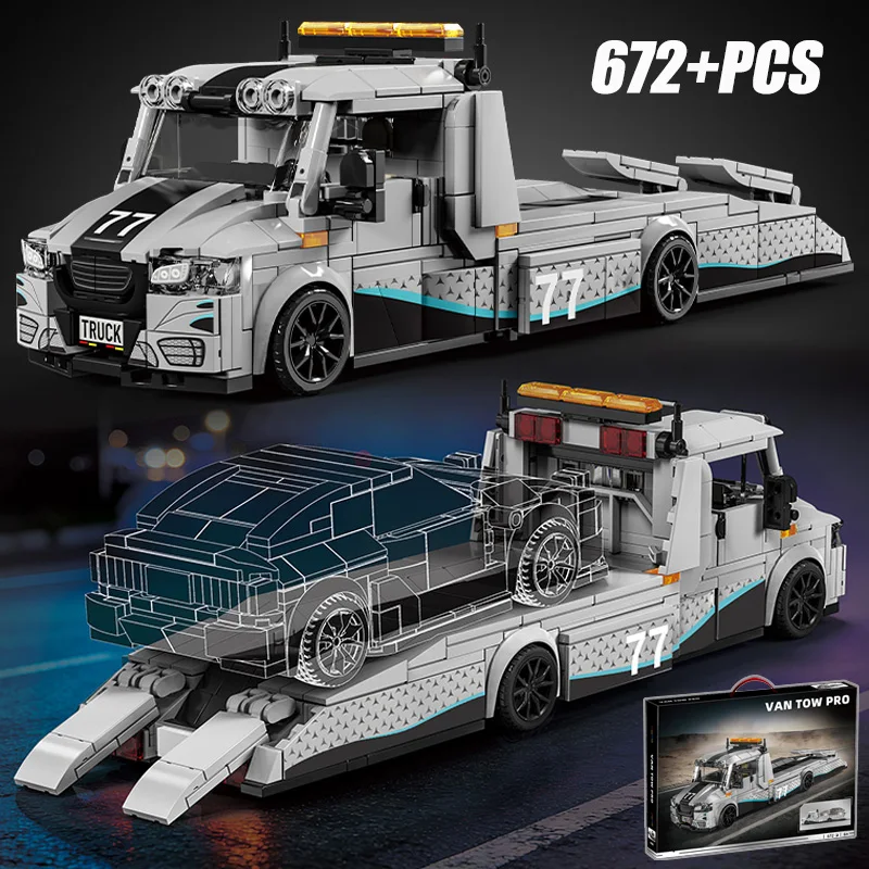 

Технический конструктор из 627 деталей: Прицеп для спортивных автомобилей, гоночный автомобиль, эвакуатор. Набор для сборки моделей игрушек для детей, подарки.