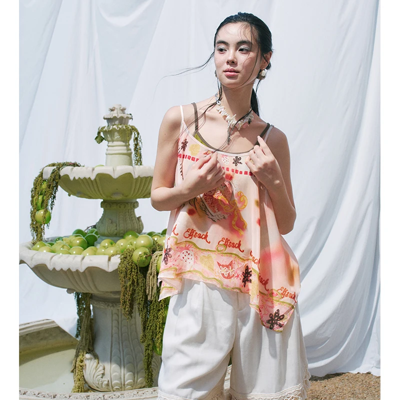 ELFSACK Y2K Graphic Print Chiffon Cami Top with Knit Liner, Tie Strap Sheer Layered Blouse, Irregular Hem Flowy Summer Top