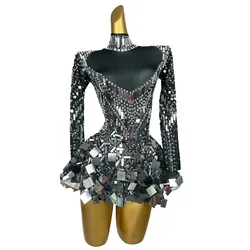 Women Birthday Celebrate Mirror Outfit Costume Sparkly Silver Sequin Short Dress Prom Party Dress Singer Stage Wear Liangpianqun