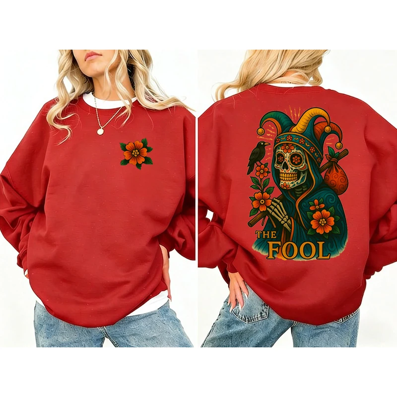 Tarot Shirt Women Sweater Mujer Jumper Tarot Graphic Jumper Mujer Sudadera The Fool Skeleton Folk Art Chrysanthemum Pattern