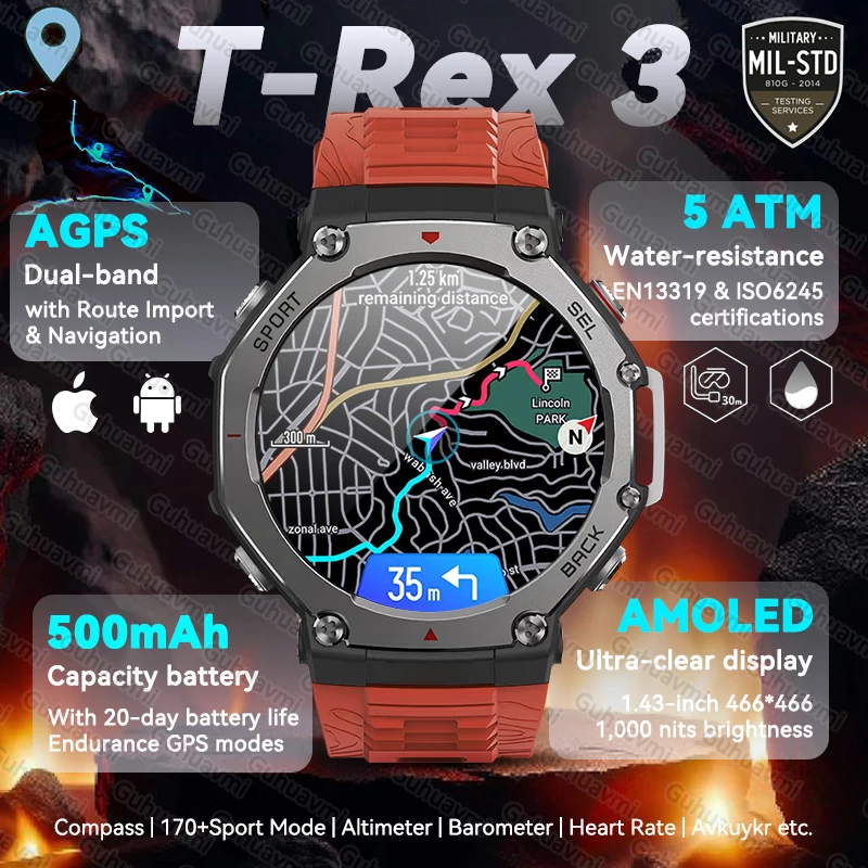 

2025 New T-Rex 3 Dual-Band GPS Military Rugged Smart Watch 48mm 5ATM Water-Resistant 500mAh Battery Compass Altimeter Smartwatch