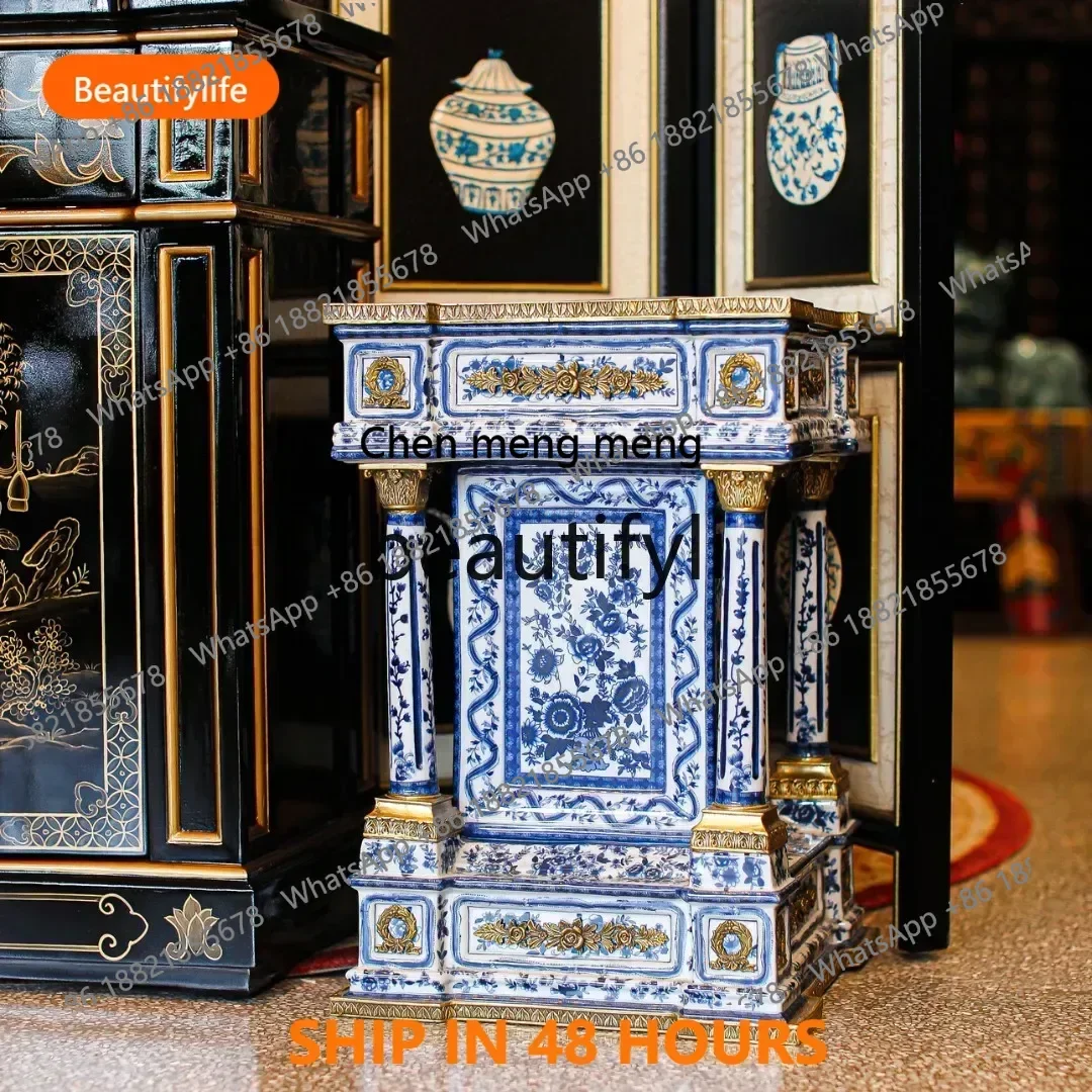 

European-style villa luxury classical art hand-painted porcelain inlaid copper pier vase rack cabinet FH H