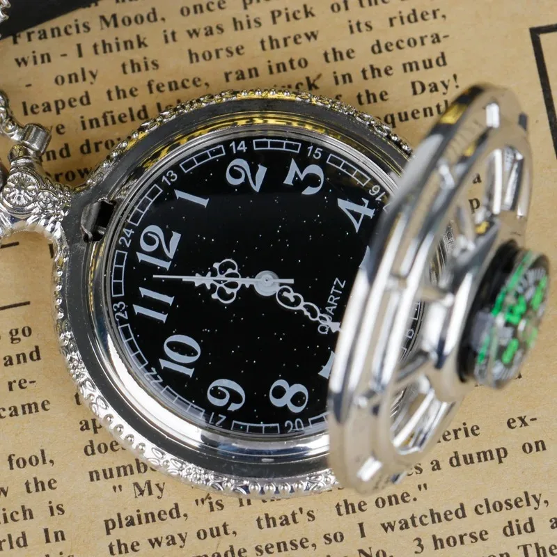 Exquisite Compass Design Vintage Hollow Skeleton Pocket Watch Black Starry Round Dial Antique Pendant Clock Gifts for Women Men