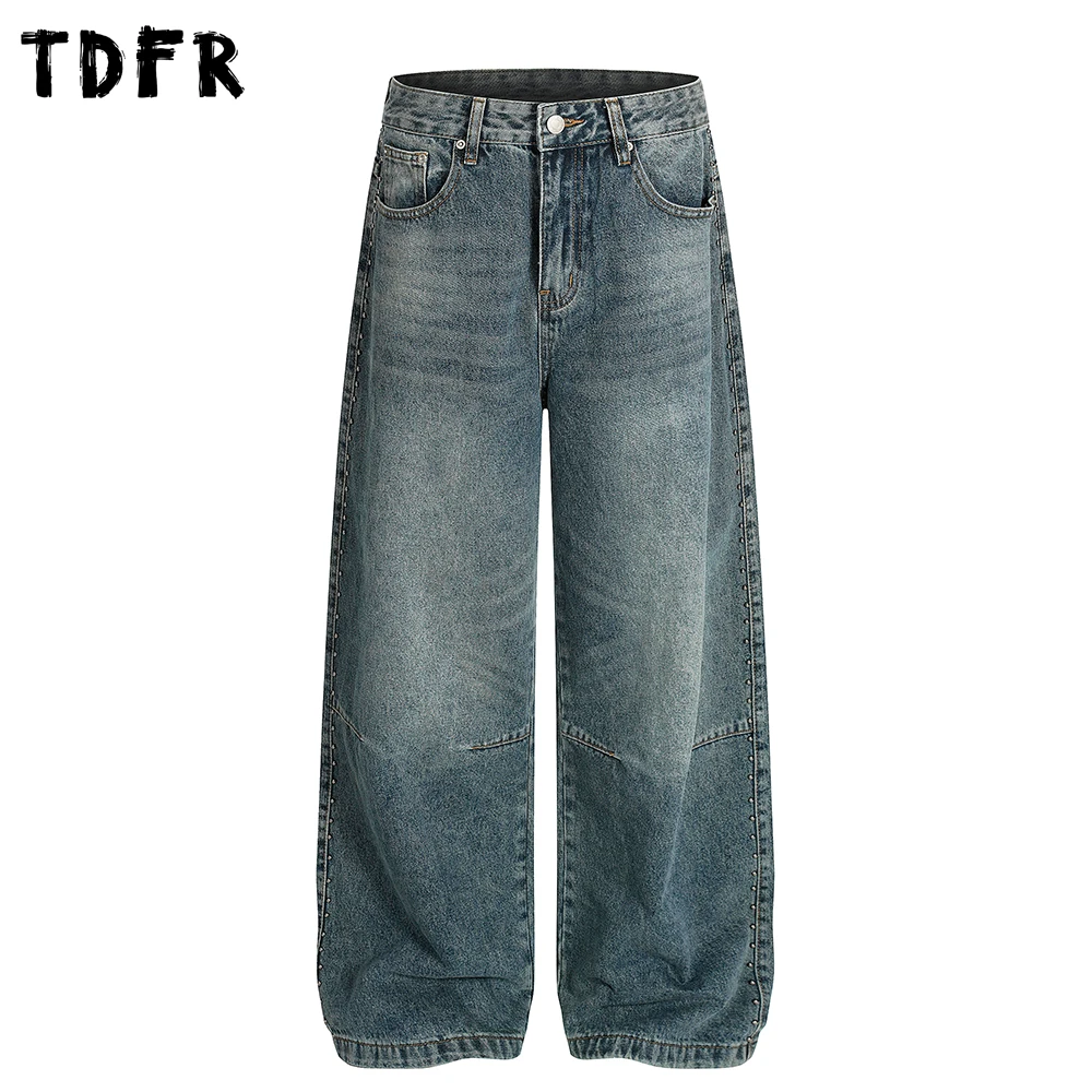 

Retro Pocket Jeans Mens with Rivets Washed Distressed Casual Baggy Straight Wide Leg Denim Pants Man