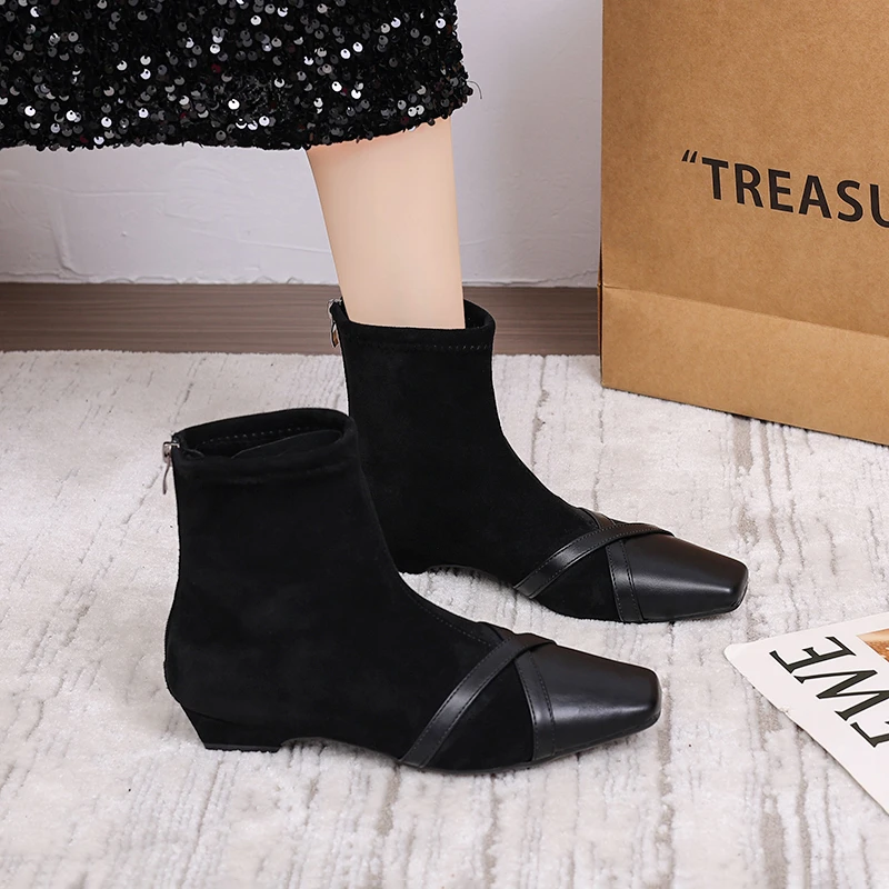 

Осенние винтажные женские ботильоны на низком каблуке, обувь на молнии, модные удобные короткие ботинки с квадратным носком, Zapatos De Mujer