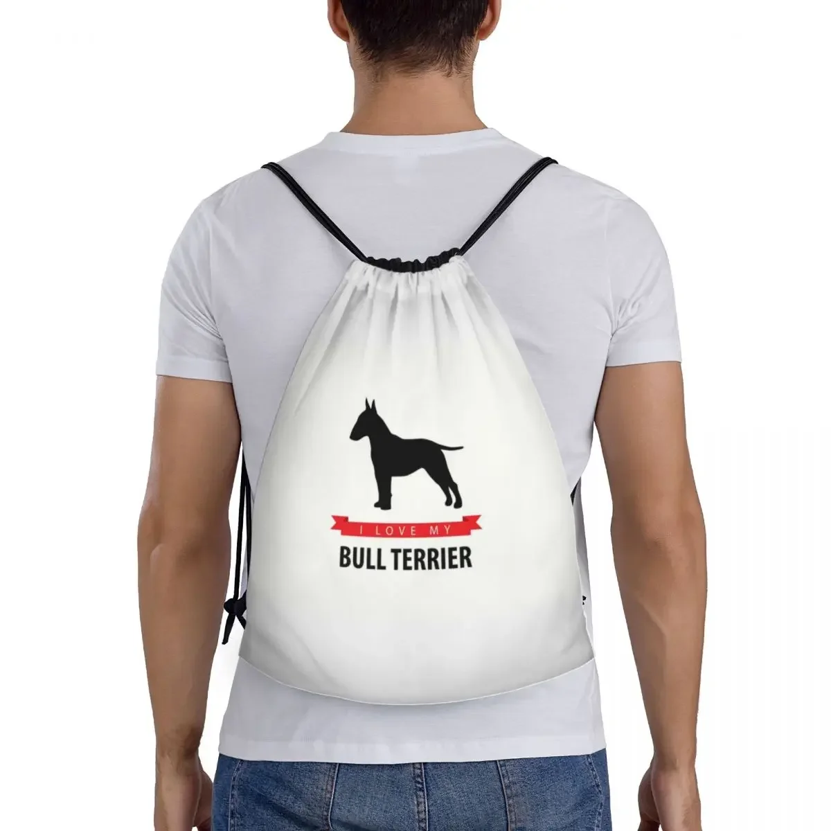 Mochila de cordão personalizada para homens e mulheres, sacos esportivos, sacos de cordão, leve, pet, cachorro, ginásio, ioga, eu amo meu bull terrier