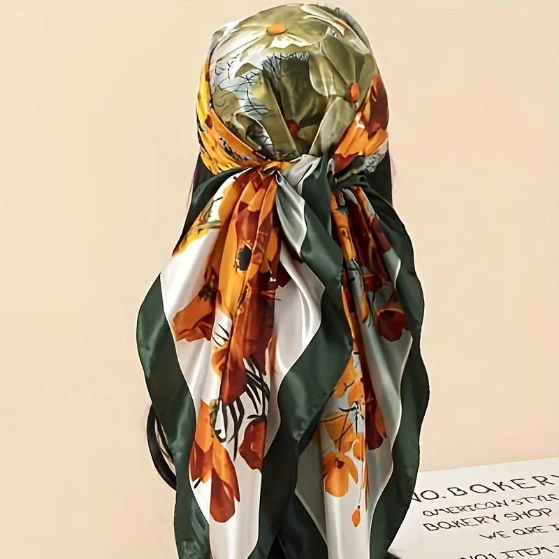

New 90cm Satin Square Scarf Oil Painting Printing Small Square Scarf Headscarf Female Joker Fashion Scarf Square Hair Accessory