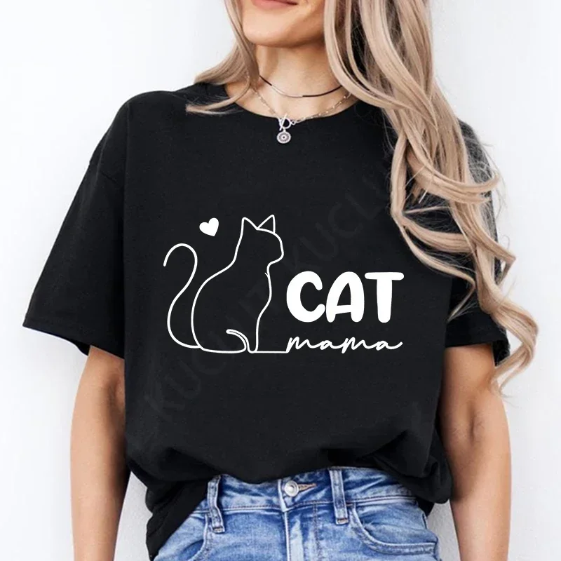 Fashion Casual Clothes Short Sleeve Top for Summer Clothing Cat Mama Print T-shirt Mom Tee T-shirts Fashion Women's Clothing