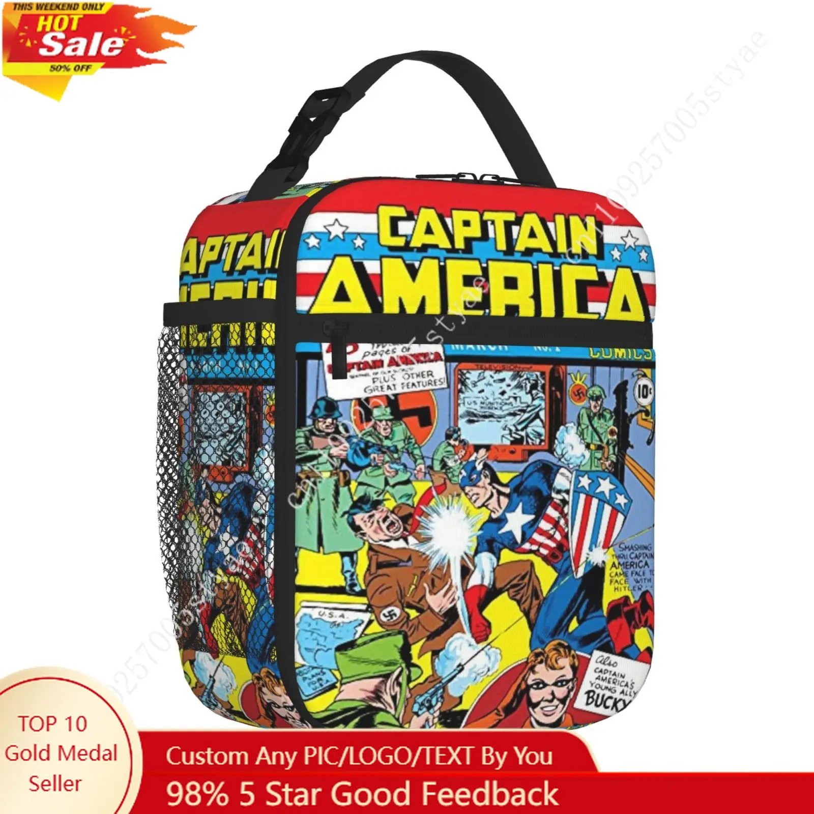 

Marvel Captain America Steve Cosplay Custom Made Insulated Lunch Bag Thermal Lunch Container Portable Tote Lunch Box Bento Pouch