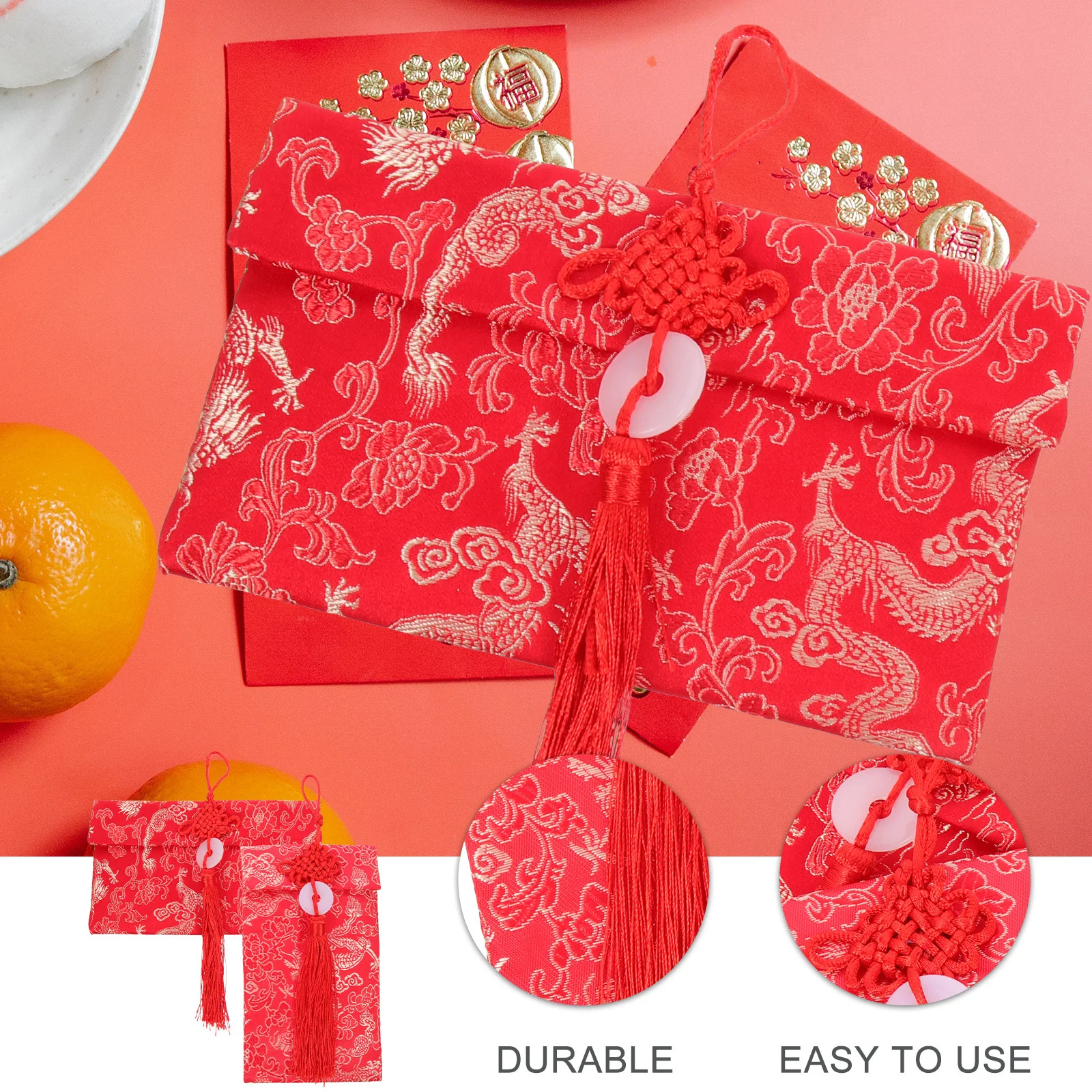 

2Pcs Chinese Hongbao Traditional Luck Money Bag Elegant Cloth Red Envelope for Spring Festival Wedding Family Visit Celebration