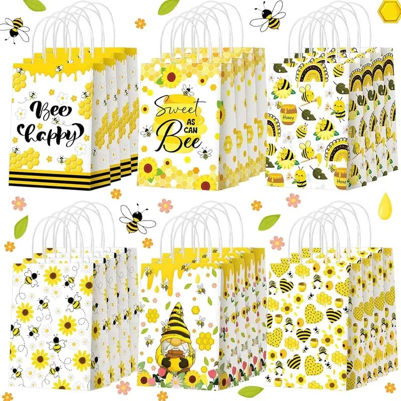 24PCS/set Honey Bee Gift Packaging Bags with Handle Kraft Paper Wrapping Bag for Baby Shower Kids Birthday Party Supplies