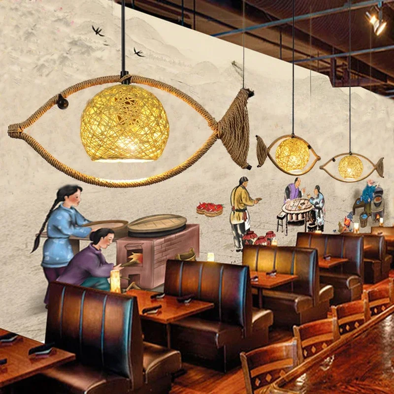 

RattanFish Shaped Woven Hotel BarLamp Creative ChineseStyle Retro HotPot Shop Home Stay Teahouse Japanese Restaurant Chandelier