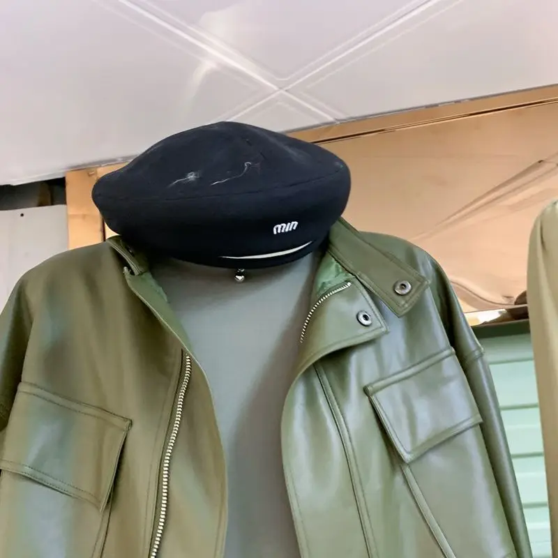 Manteau court en cuir PU vert pour femme, veste de moto, mode printemps, automne, nouveau, 2023