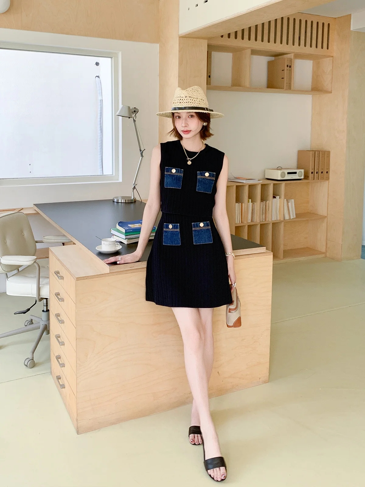 

SD Mom Knitted Denim Patchwork Top f Skirt Women's Vintage Two-Piece Set Summer ort Sve round Ne Overhead Sle