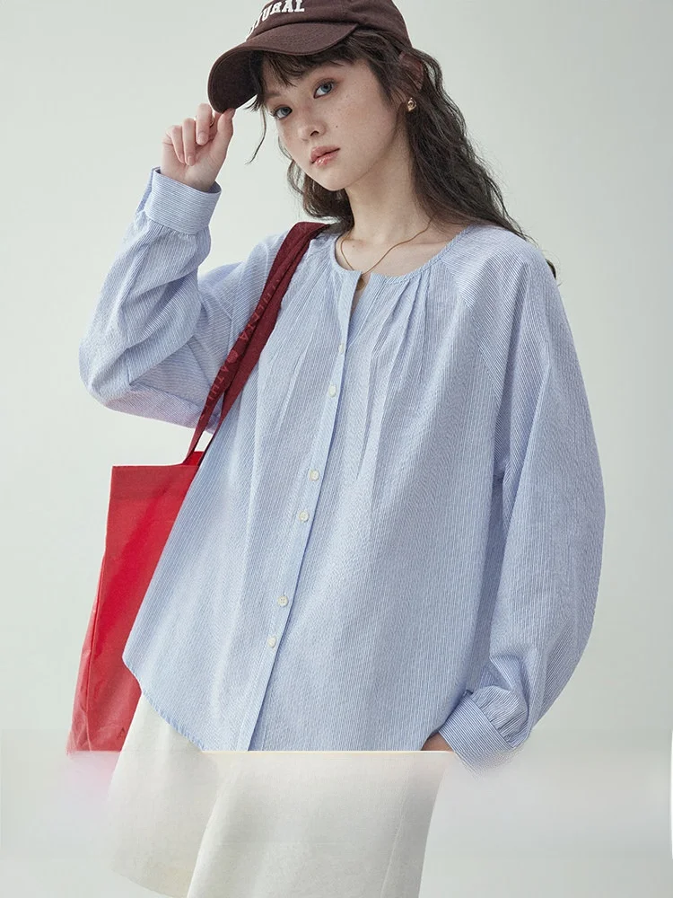 

AMUU Original Blue Striped round Neck Shoulder Insertion Shirt Women's Spring New Single Button up Top Korean Style Loose Fit
