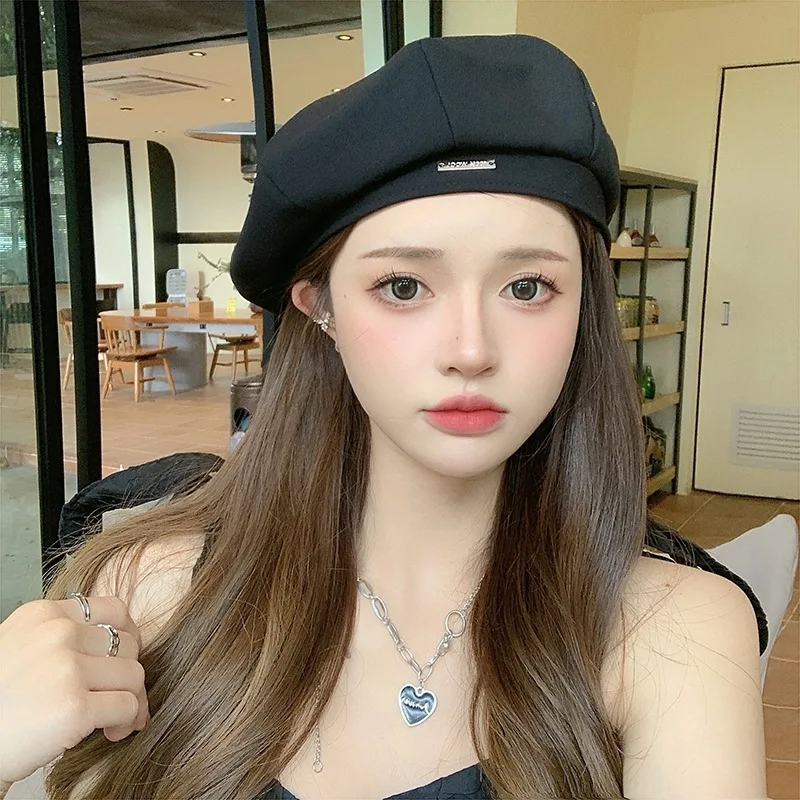 

Black Hard Work Niche Thin Beret Spring And Fall Ins Style Hundred Hats Japanese Simple Student Sunscreen Decorative Hat