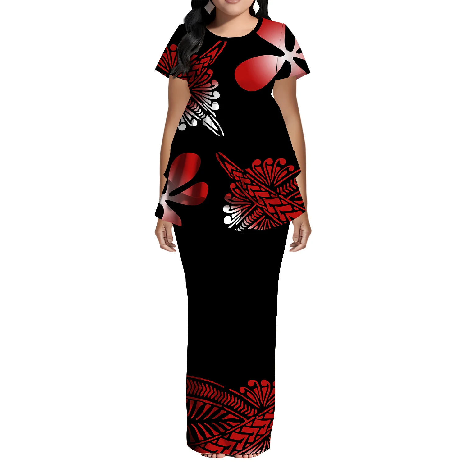 Puletasi Women Samoan Fiji Hawaiian Tribal Ethnic Design New Polynesian Round-Neck Short-Sleeved Elegant Dress Set Of 2 Pieces