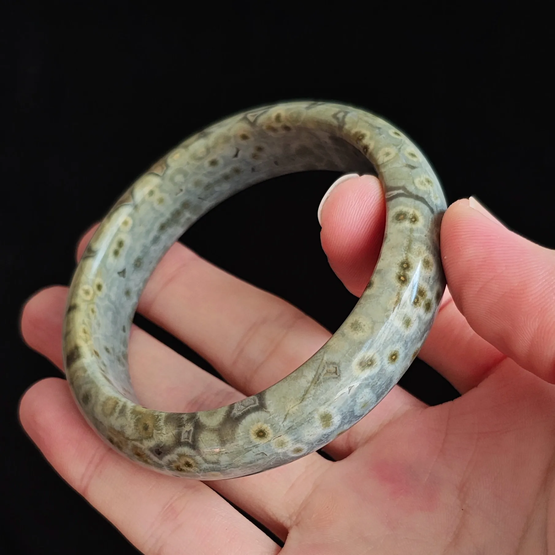 Unique Exact Piece Frogspawn Ocean Jasper Bangle Fish Egg Pattern Orbicular Gemstone Bracelet WYSIWYG Women Collector Gift