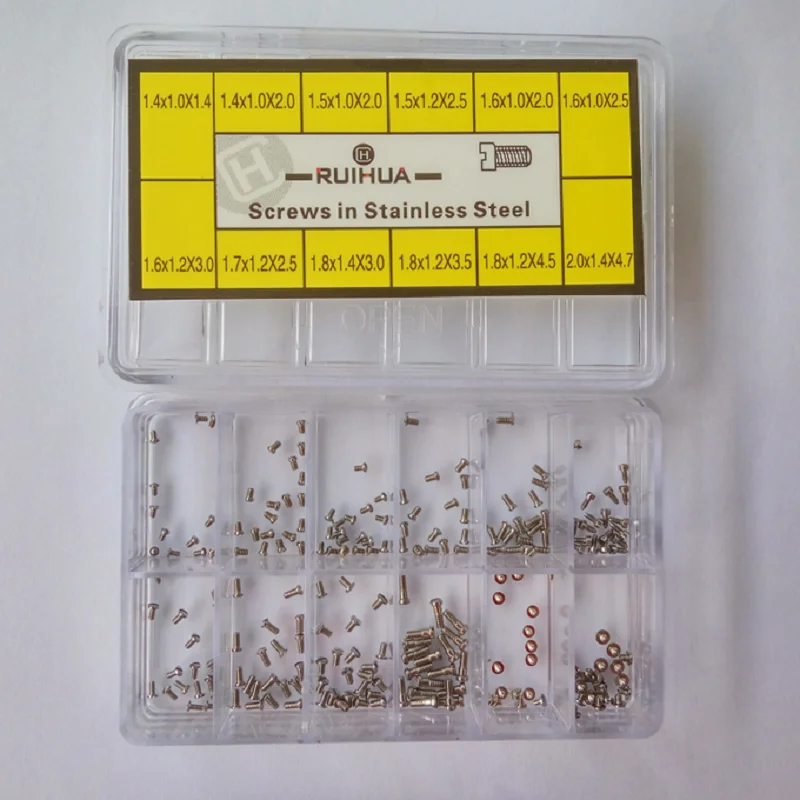 240 قطعة/صندوق 12-حجم واحد مشقوق الرأس الفولاذ المقاوم للصدأ ساعة الظهر المسمار تشكيلة صندوق لصانع الساعات ساعة حركة تحديد