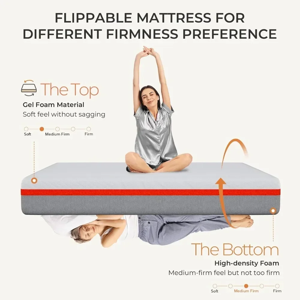 King Mattress 12 Inch Gel Memory Foam Mattress for Cool Sleep Pressure Relief Flippable for Different Firmness