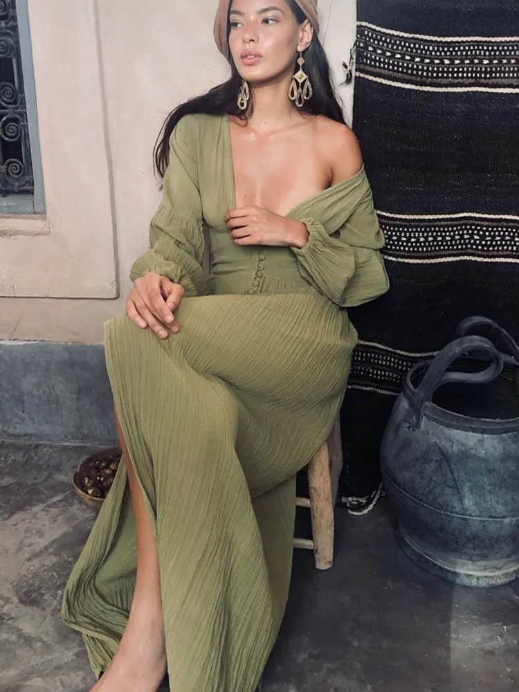 Dames Vintage V-ne Long Sve Dr Vintage Sle Dames Lange Dr met Taille Cinch Lente Zomer Herfst Lang Dr