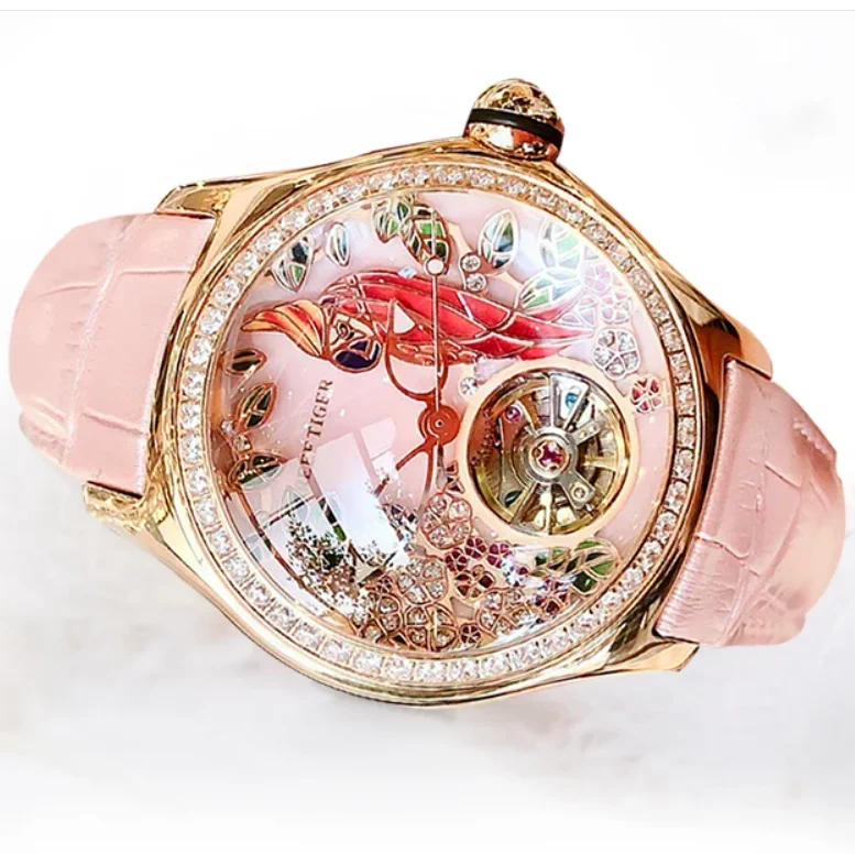 Reef Tiger Women Automatic Watch 38MM Luxury Ladies Mechanical Wristwatch Bubble Sapphire Mirror Skeleton 3D Art Dial RGA7105