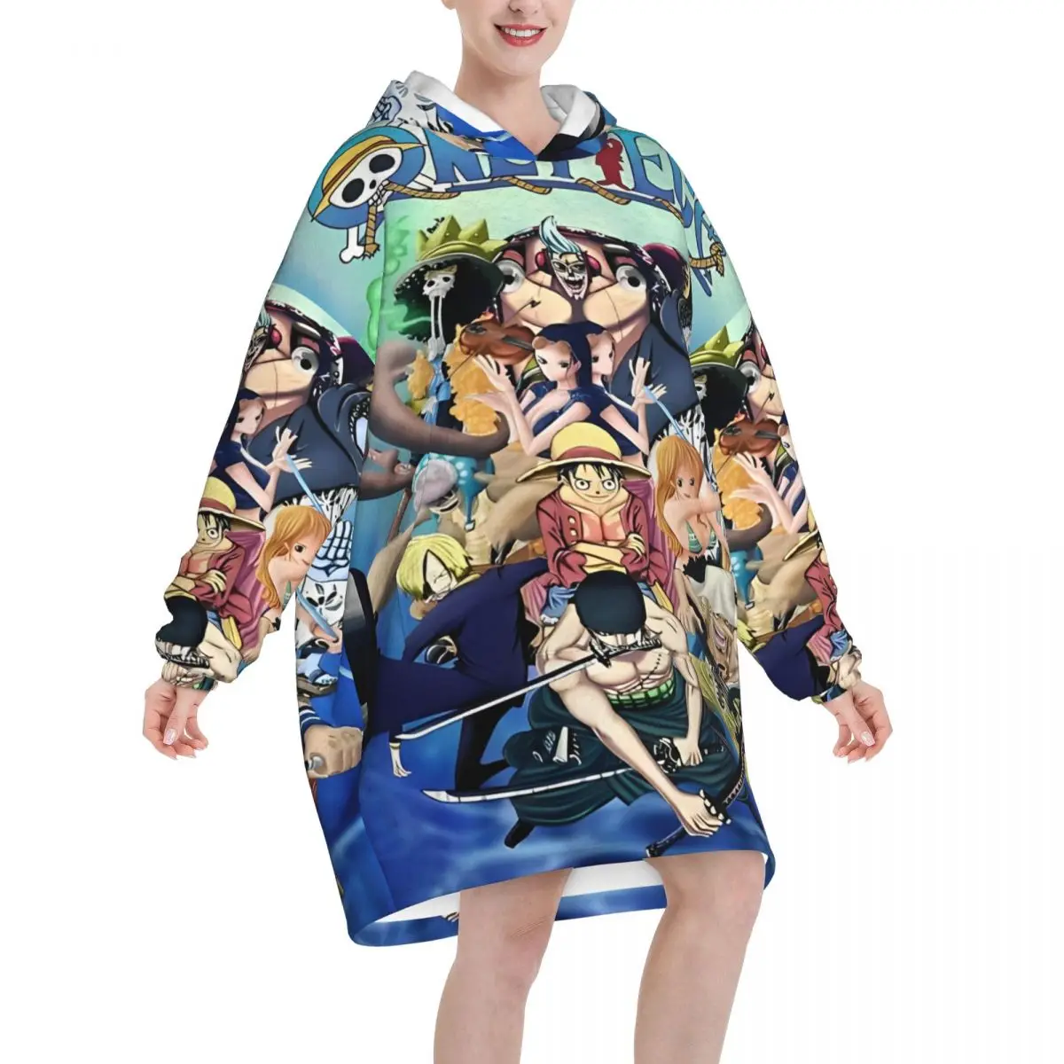 Koc z kapturem One Piece Anime Manga Luffy dla kobiet i mężczyzn, obszerny sweter-koc z kieszenią
