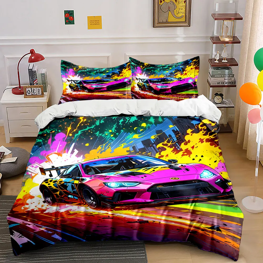 Vibrant race car amidst explosions Print Bedding Set 1 Duvet Cover 2 Pillowcases for Adult and Children Luxury Gift Full Size