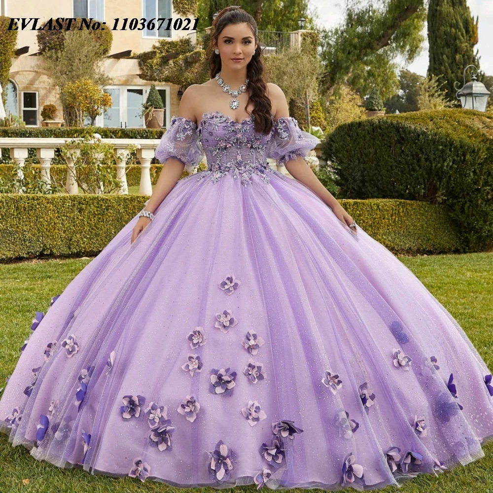 

EVLAST мексиканское Лавандовое платье Quinceanera бальное платье 3D Цветочная аппликация с бисером пышные рукав корсет Vestidos De XV Anos SQ300