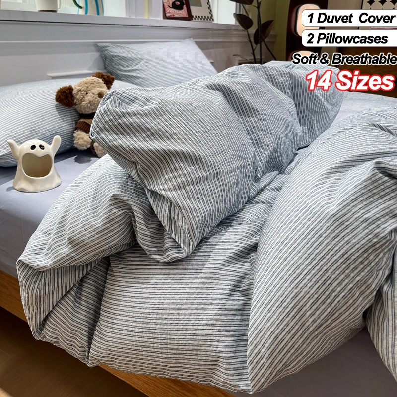 Duvet Cover Set, Soft Breathable Light‑Blue Thin‑Stripe Bedding with 2 Pillowcases, Wrinkle‑Resistant, Fade‑Proof, Easy‑Care