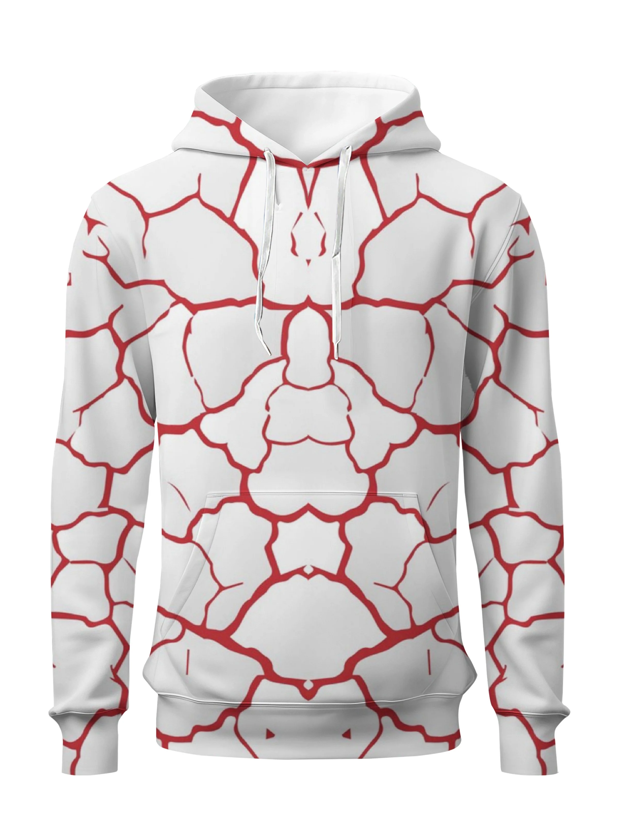 White Base Red Crack Line Symmetric Abstract Full Print Hoodie Minimal Street Pullover