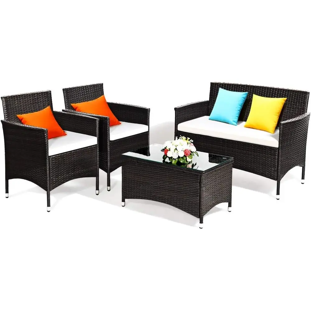 

Brown Rattan Outdoor Patio Furniture Set with Cushions, Suitable for Garden, Lawn, Balcony, and Backyard, Including Tempered Gla