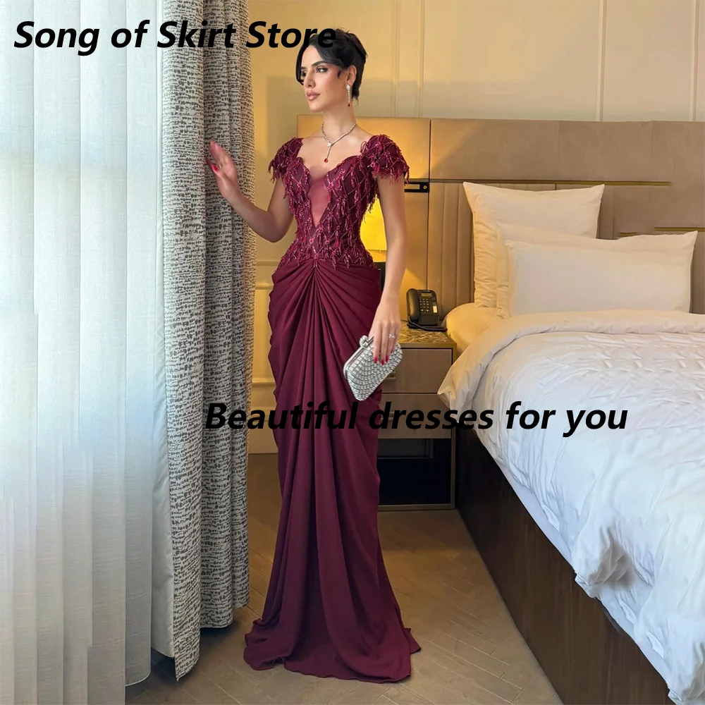 

Burgundy Evening Dress Customized V-Neck Short Sleeves Beading Tassel Straight Party Dress BacklessFloor Length Party Dress
