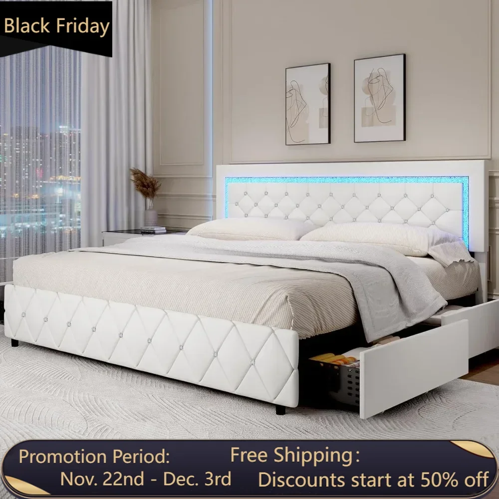 King Size Bed Frame with LED Lights and 4 Storage Drawers, Upholstered Platform Bed with Crystal Tufted Headboard, Wooden Slats