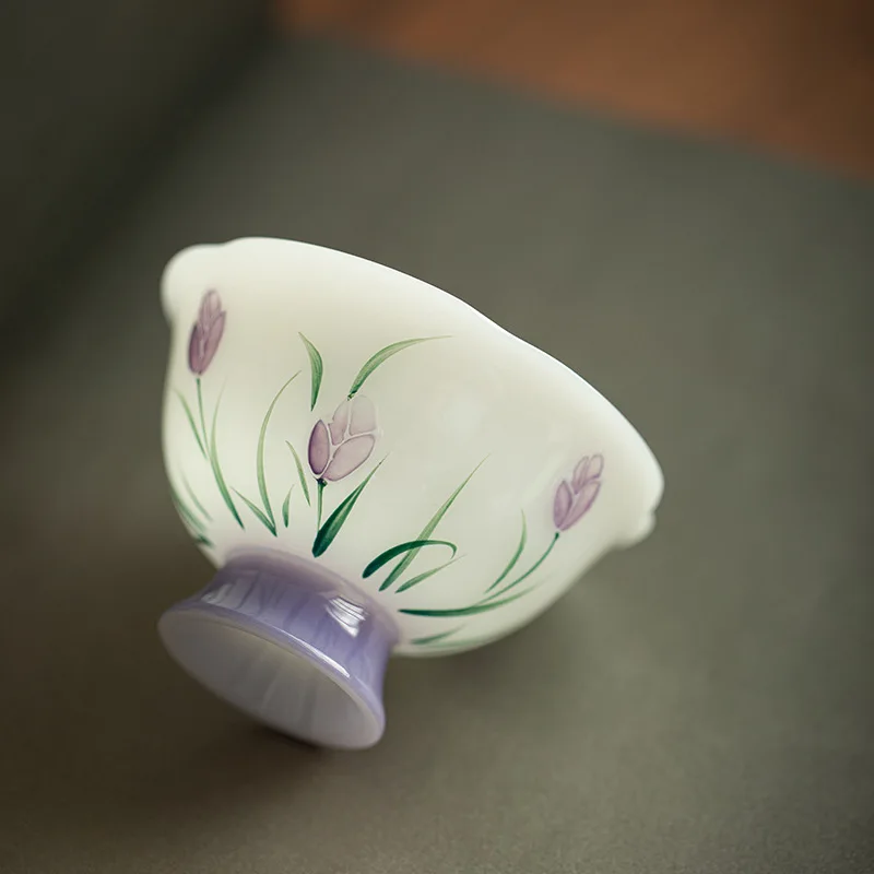 HYS New Chinese Hand-painted Tulip Ice Seed Jade Teacup Master Cup Guest Cup Exquisite Tea Tasting Cup Ceramic Kung Fu Tea Set 3