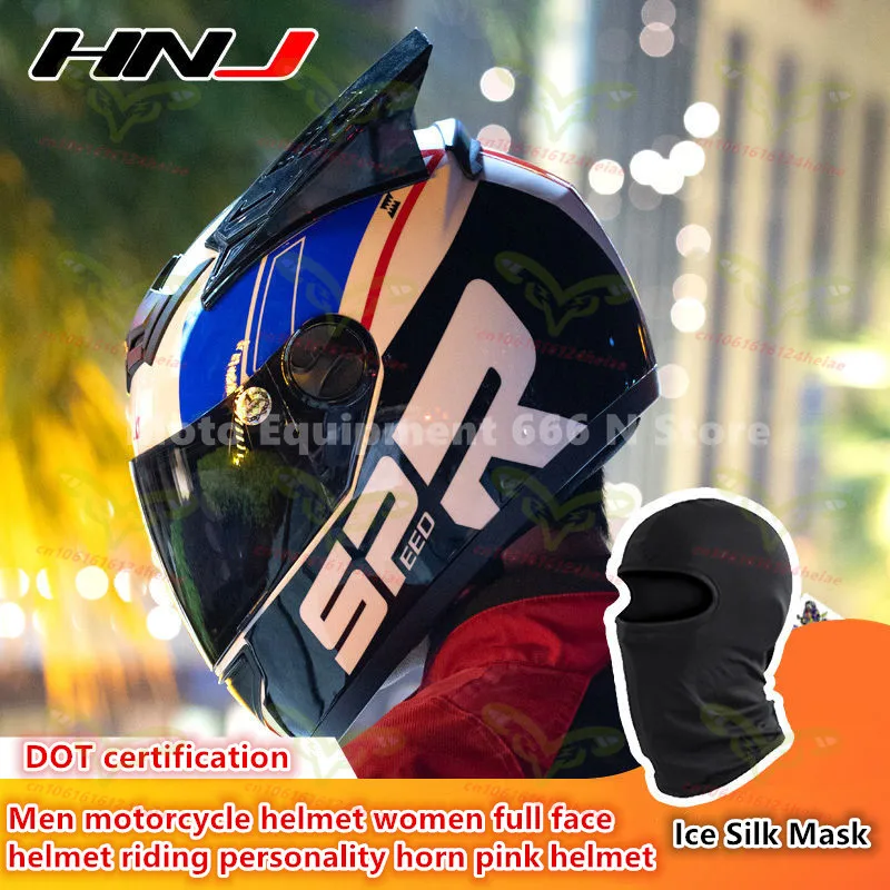 HNJ Men Motorcycle Helmet Women Full Face Helmet Riding Personality Horn Pink Helmet DOT Certification casco moto