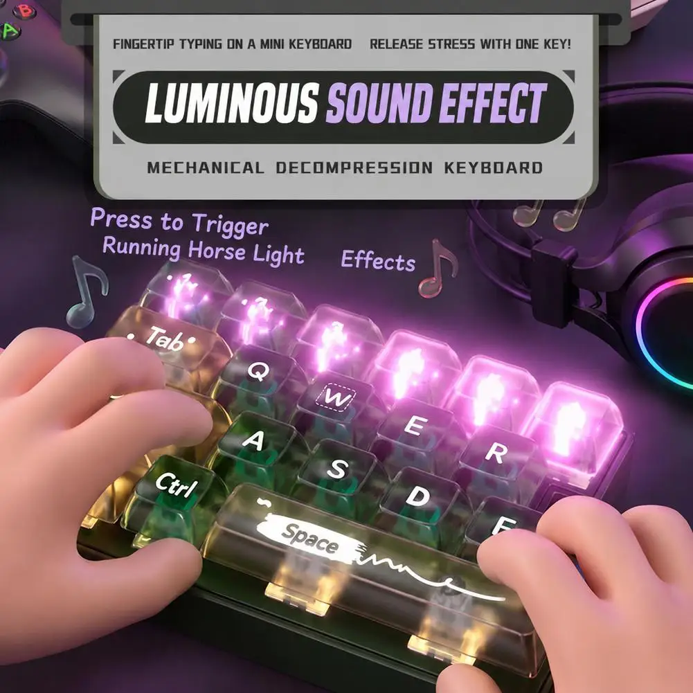 Mechanical Keyboard Fidget Toy Pendant Pink Compact Stress Relief Toy with Crisp Tactile Click Dynamic LED Lights Keychain